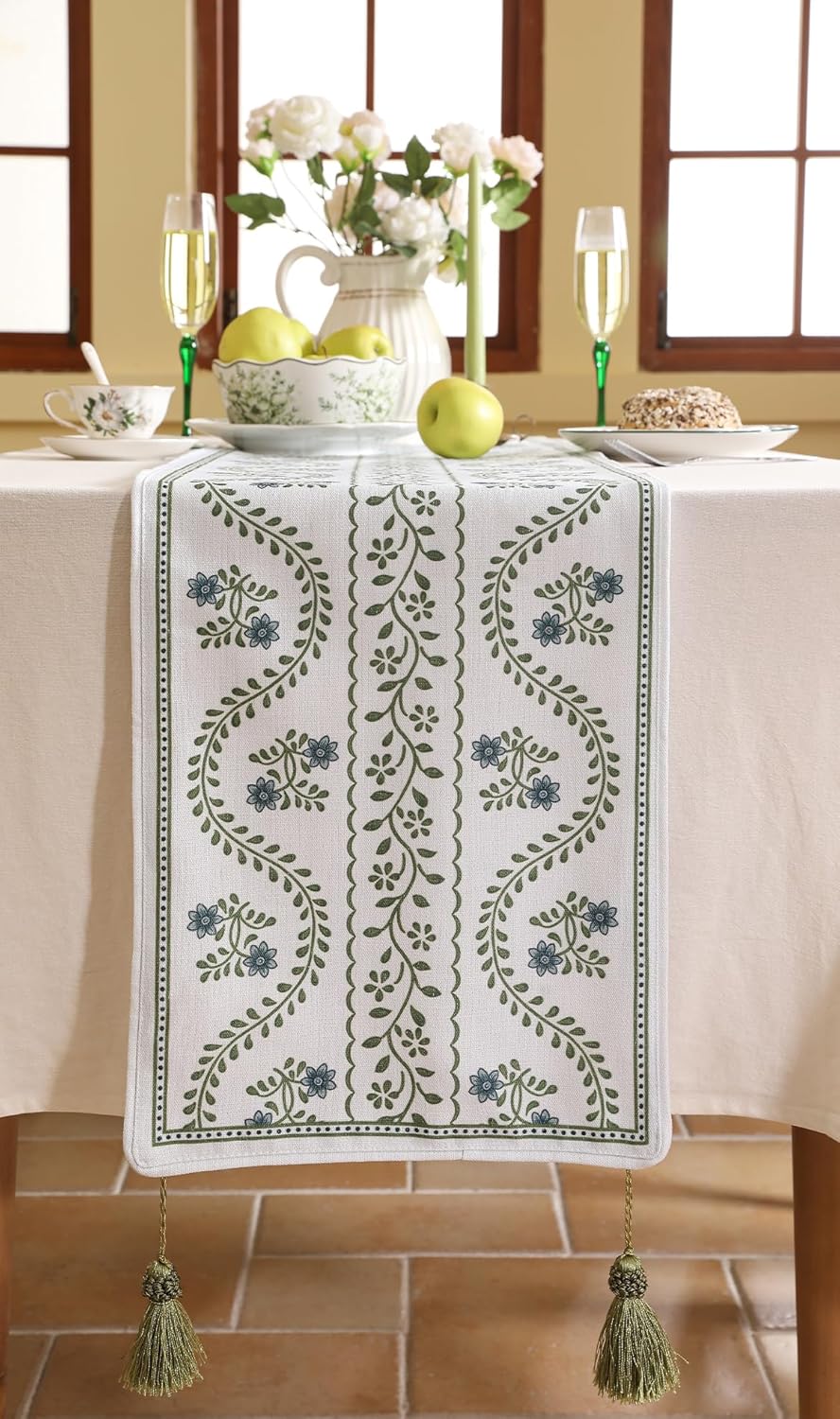 ISAENNE Designer White Elegant Linen Table Runner 87 Inches Long,Chinoiserie Floral Decor Durable Table Runners for Dining Tables,Thanksgiving,Kitchen Tables,Christmas,12"*87"-Mosella D