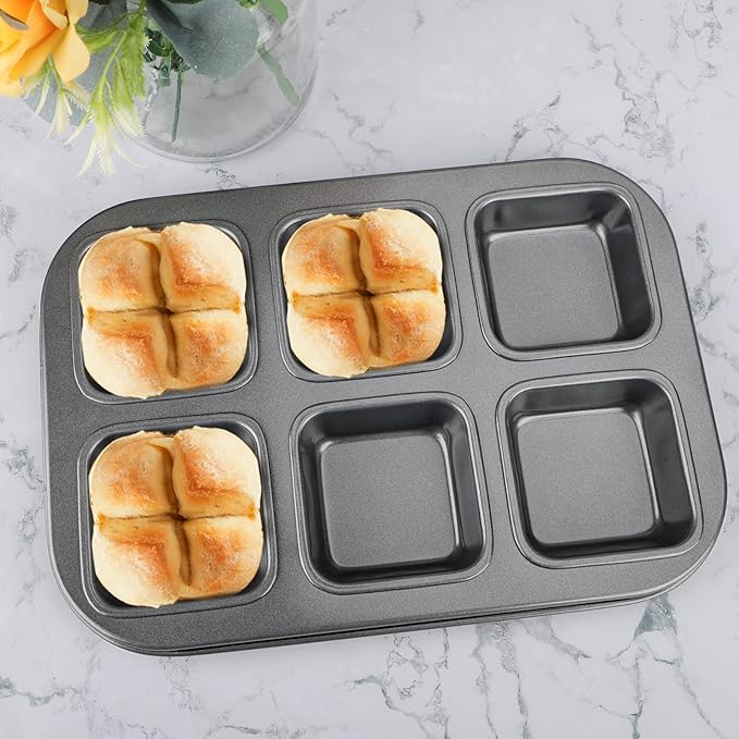 Beasea Square Brownie Pan, Nonstick 6 Cavity Muffin Pan Brownie Cake Pan Mini Cheesecake Cupcake Bakeware Carbon Steel Brownie Baking Tray Bakeware for Oven Baking