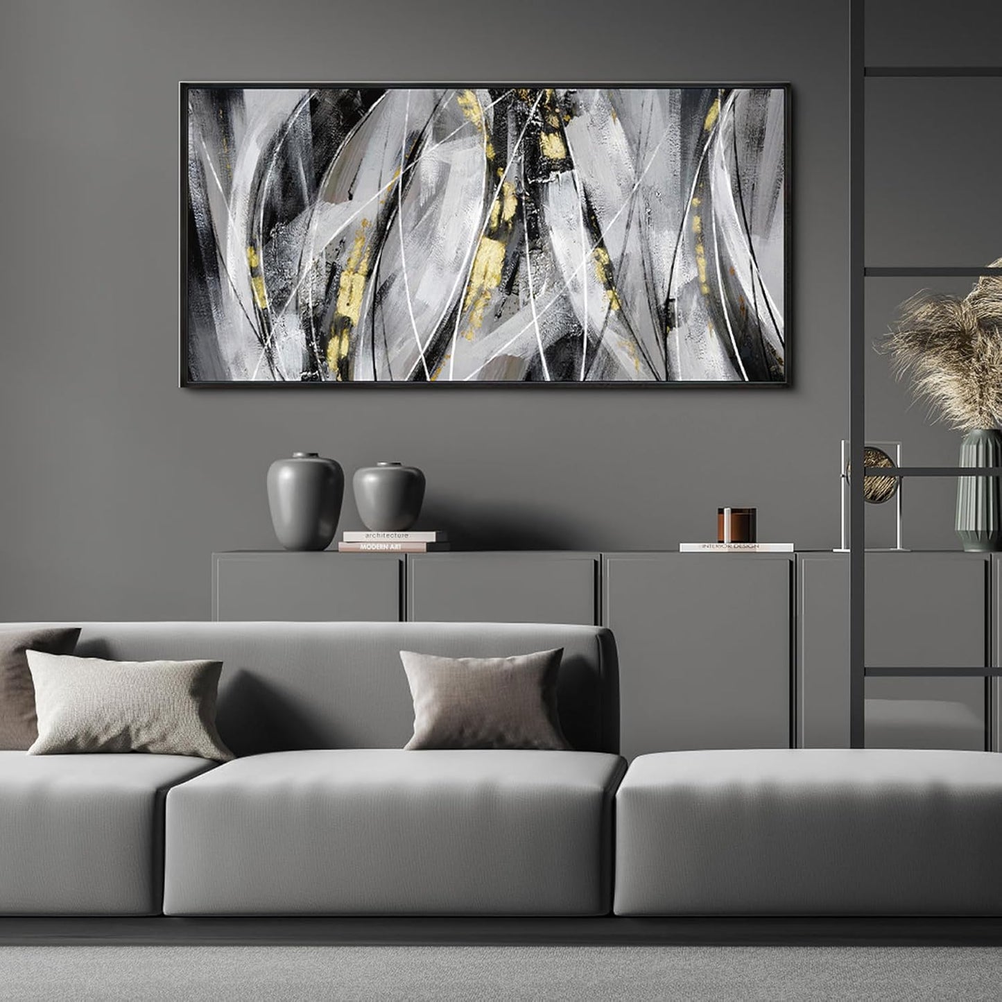 KLAKLA Abstract Frame Wall Art - Black and White Picture for Living Room Black and Gold Framed Artwork Canvas Art Work for Office Home Decor Bedroom Wall Decoration - 40x20 Inches