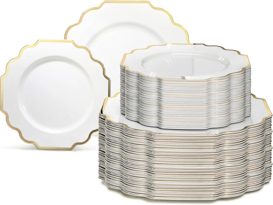 " OCCASIONS " 120 Plates Pack,(60 Guests) Heavyweight Wedding Party Disposable Plastic Plates Set -60 x 10.5'' Dinner + 60 x 8'' Salad/Dessert Plate (Imperial White & Gold)