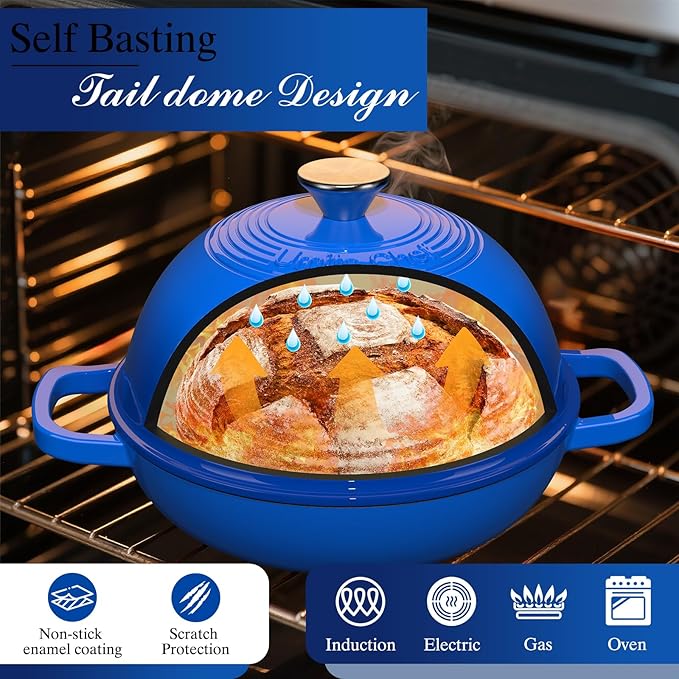 Enamelled Cast Iron Dutch Oven Pot – Dutch Oven Pot with Lid For Sourdough Bread Baking – Cast Iron Bread Oven – Dark Blue, Umite Chef 6QT Pot with Lid & Cotton Potholders