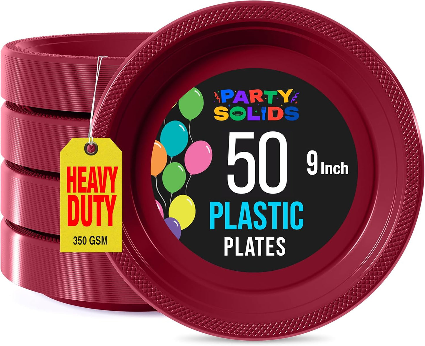 Exquisite Party Solids Burgundy Plastic Plates For Party Supplies 9" Burgundy Disposable Plates Heavy Duty 50 Pcs Plastic Dinnerware Sets Heavy Duty 350 GSM Disposable Dinnerware Set
