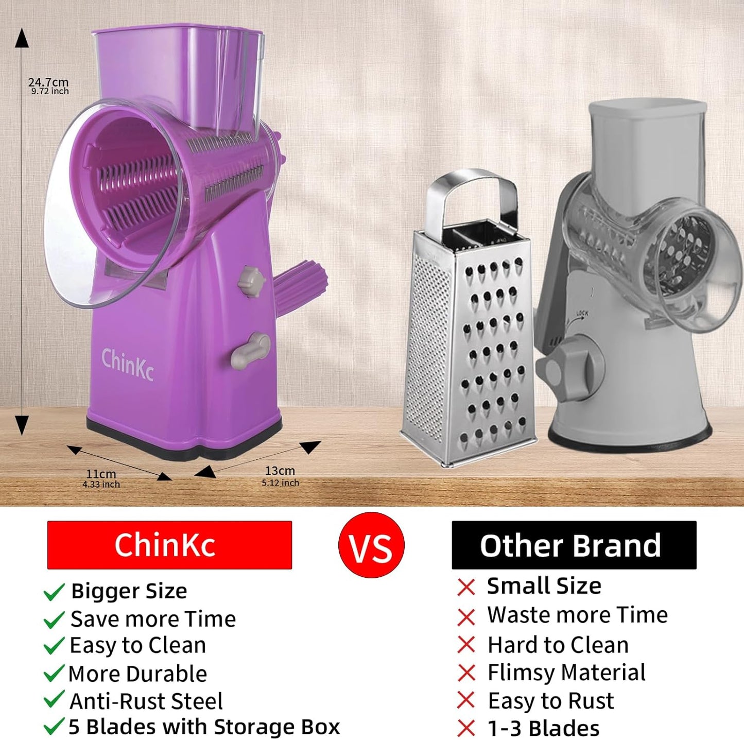 Rotary Cheese Grater Shredder - Upgraded 5 in 1 Cheese Grater with Handle and Strong Suction Base, Multi-purpose Julienne Slicer Ice Shaver Nuts Grinder for Ice, Vegetables, Fruit, Nuts