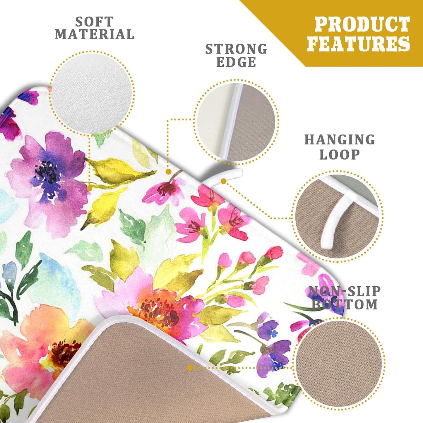 Floral Dish Drying Mats for Kitchen Counter 16×18 Inch Drying Mat for Dishes Microfiber Dish Rack Mat Kitchen Decor Watercolor Flowers Drainer Pad Washable Foldable Ultra Absorbent Dry Mat