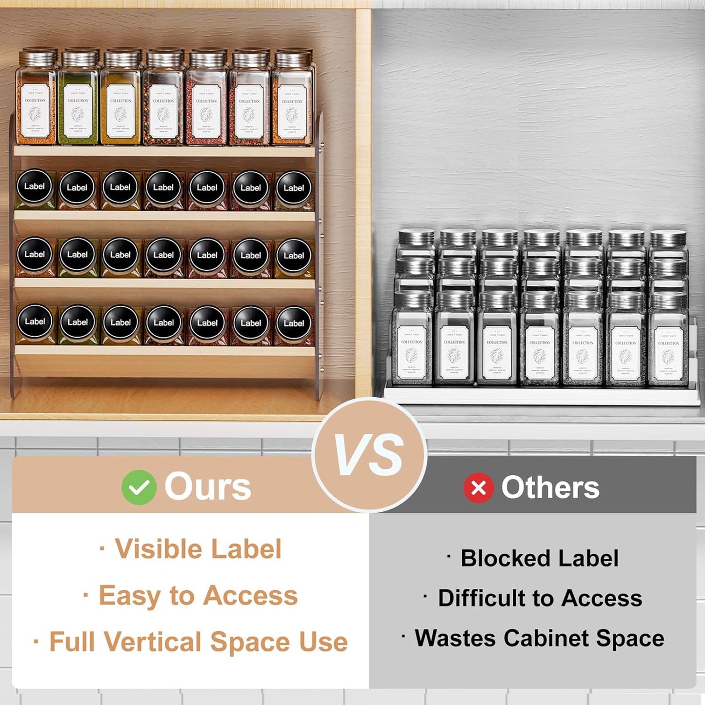 MUDEELA Clear Spice Rack Organizer for Cabinet, 4 Tiered Vertical Spice Shelf, Wooden Seasoning Organizer for Countertop, Kitchen, Pantry, Freestanding, 13.3" W × 11.2" H (No Jars Included)