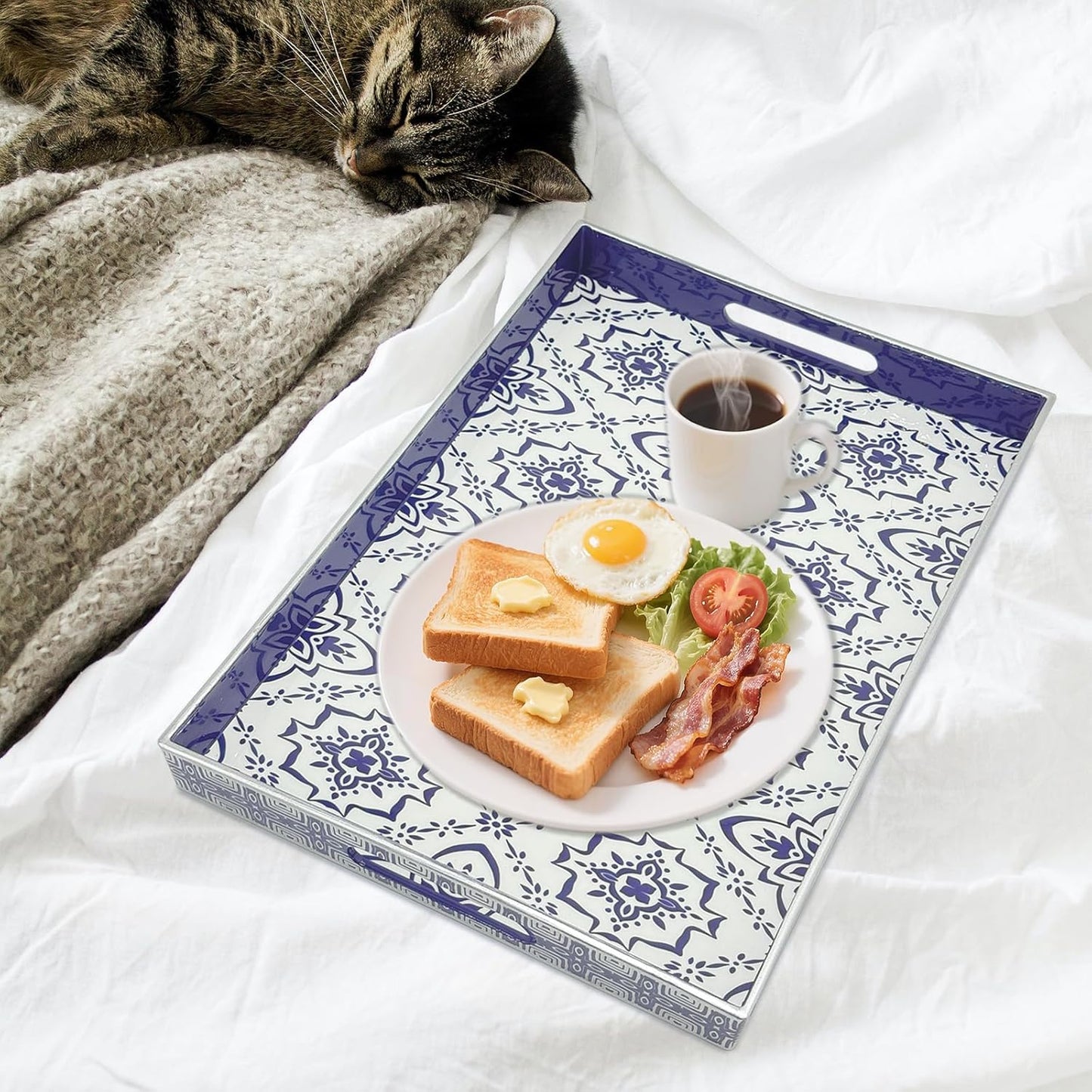 Serving Tray with Handles, 15.7 * 11.8 inches, Plastic Ottoman Tray with Exquisite Paintings, Trays for Coffee Table