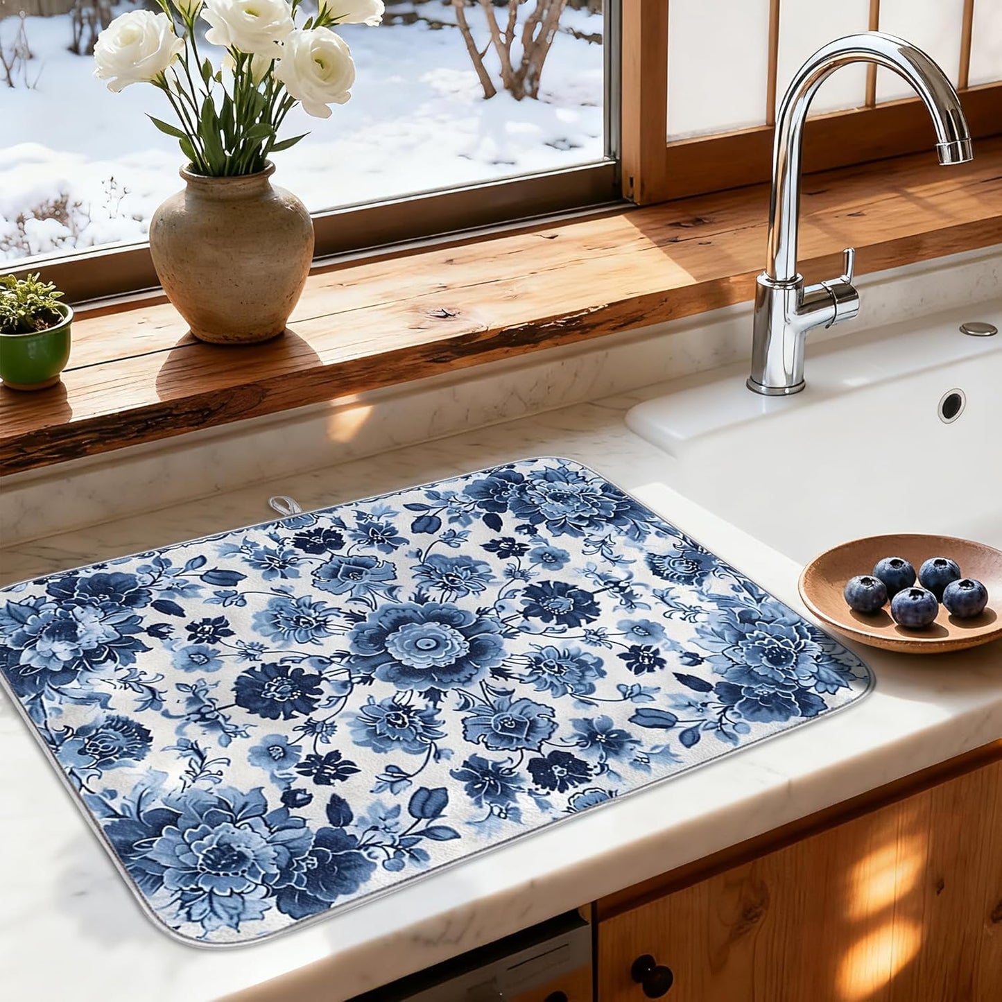 Dish Drying Mat for Kitchen - Blue Flower Print Microfiber Kitchen Mat, Watercolor Non-Slip Absorbent Sink & Countertop Protector, Reusable for Dishes Bowl Cup Pan 18x24 Inches