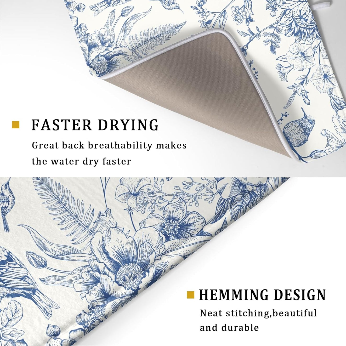 Chinoiserie Flowers Dish Drying Mat for Kitchen Counter, 18x24 Inch Vintage Blue Floral Birds Ultra Absorbent Reversible Dish Drainer Mats Plate Holder