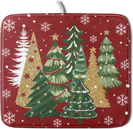 Christmas Red Dish Drying Mats 16x18 Inch, Gold Green Xmas Pine Trees Winter Holiday Absorbent Fast Dry Microfiber Dishes Drainer Rack Pad Farmhouse Rustic Holiday Kitchen Decor