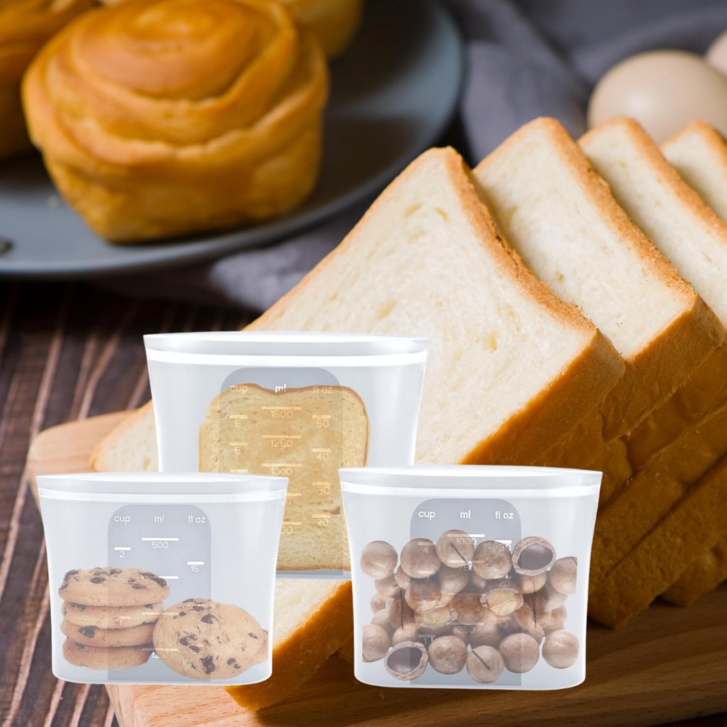 Silicone Storage Bag Reusable Food Storage Bag Silicone Snack Bag Pet Food Bag 17oz/34oz/50oz, 3pcs, White, BPA Free Wide Base Stand-Upright Freezeable Microwaveable Dishwasher