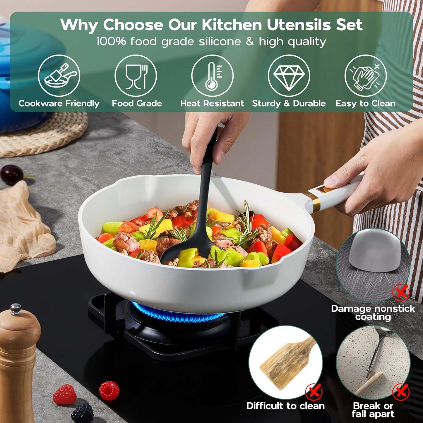 Onader Silicone Cooking Utensils Set, 10 Pieces Black Kitchen Utensils for Nonstick Cookware, Non Toxic & Dishwasher Safe