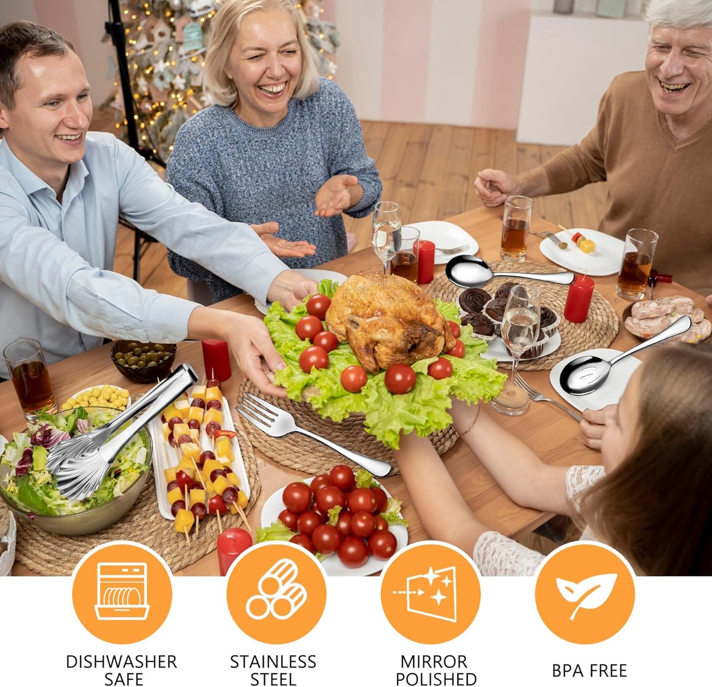 Stainless Steel Serving Utensil Set, 8-Piece, Includes Serving Spoons, Forks, Tongs and Soup Ladle