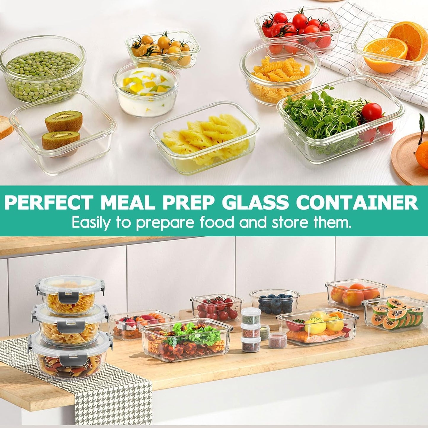 34pcs Glass Food Storage Containers with Lids Set, Airtight Glass Meal Prep Containers (17 Containers & 17 Lids), Leak Proof Lunch Container BPA-Free, Microwave, Oven, Freezer, Dishwasher Safe-Grey