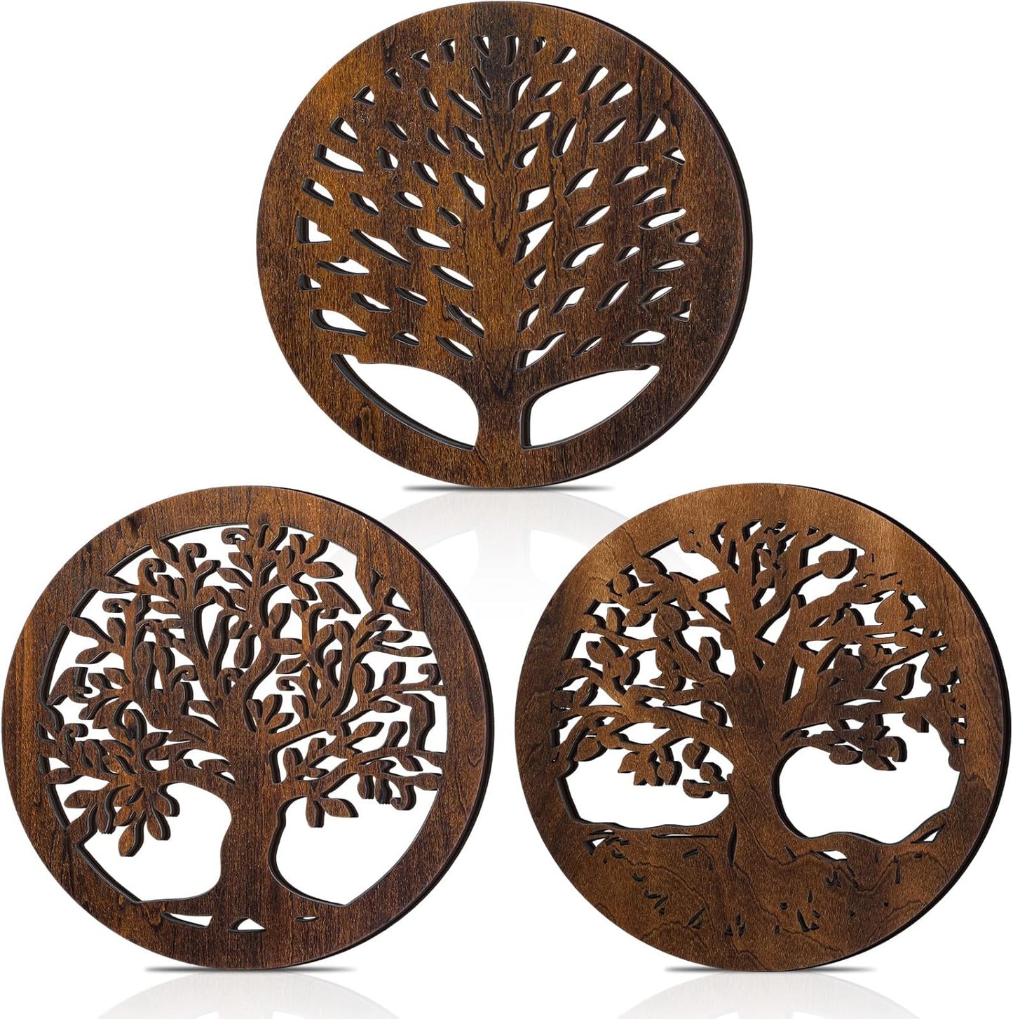 3 Pcs Life Tree Wooden Trivets for Hot Dishes 8 Rustic Round Tree Trivet Set Hot Plate Holders Heat Resistant Polite Trees Coasters for Table Dishes Pots and Pans(Brown)