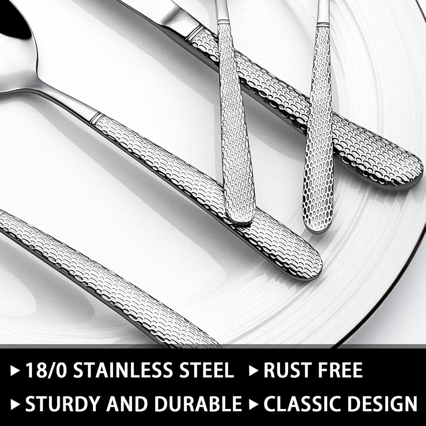 49-Piece Hammered Silverware Set with Organizer, Heavy Duty Stainless Steel Flatware for 8, Cutlery Utensil Sets with Steak Knives, Rust-proof, Mirror Polished, Dishwasher Safe