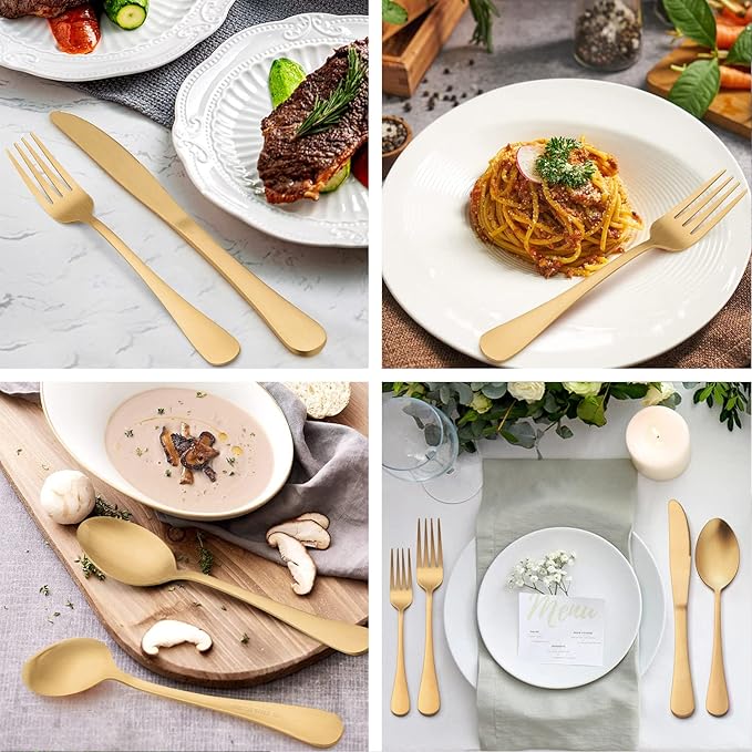LIANYU 20 Piece Matte Gold Silverware Set, Stainless Steel Gold Flatware Cutlery Set for 4, Fancy Kitchen Utensil Tableware for Home Restaurant Party, Satin Finish, Dishwasher Safe