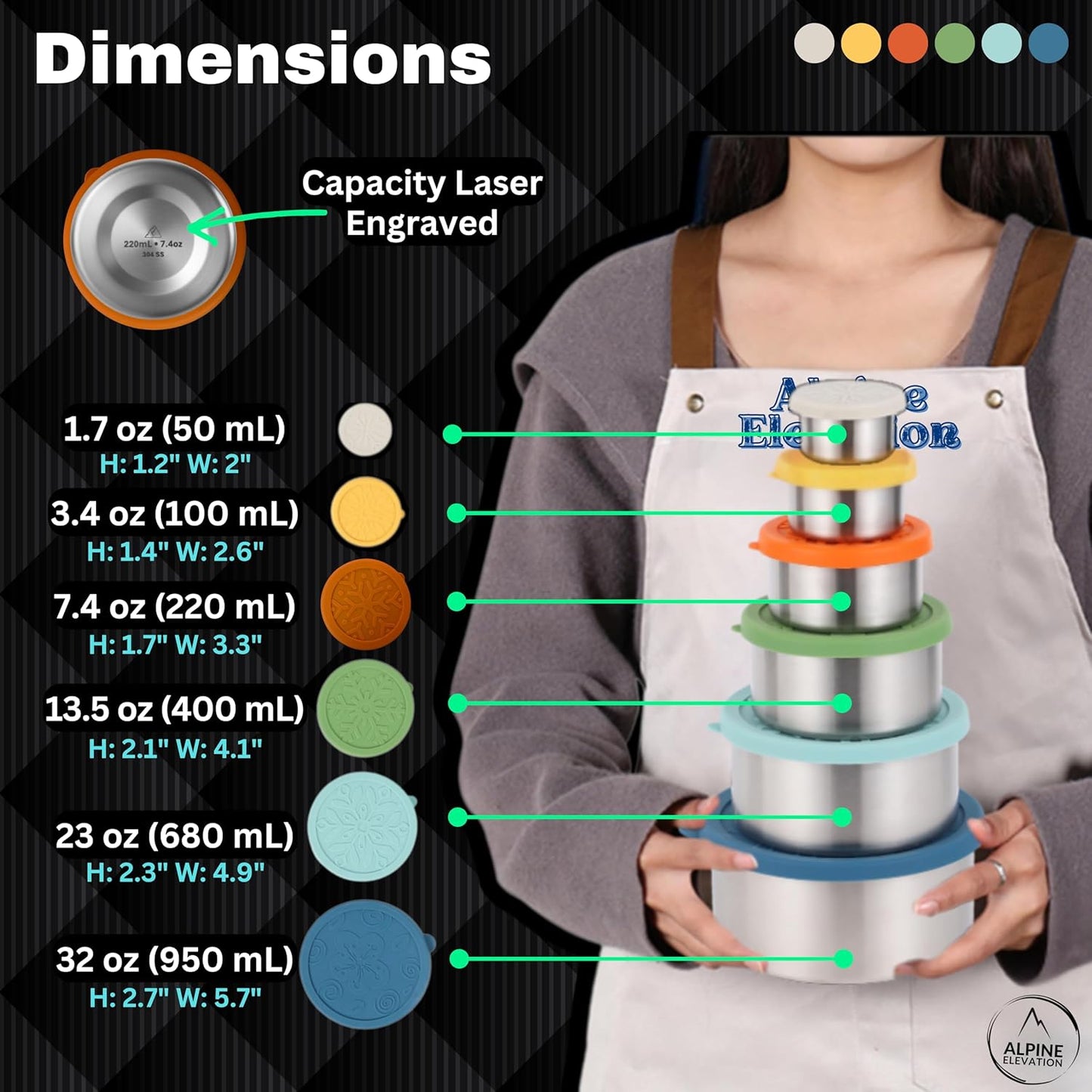 12 Pcs - 6 Stainless Steel Containers + 6 Silicone Lids | 304 Stainless Steel Snack Container | Nesting Snack and Dip Containers | Metal Food Storage