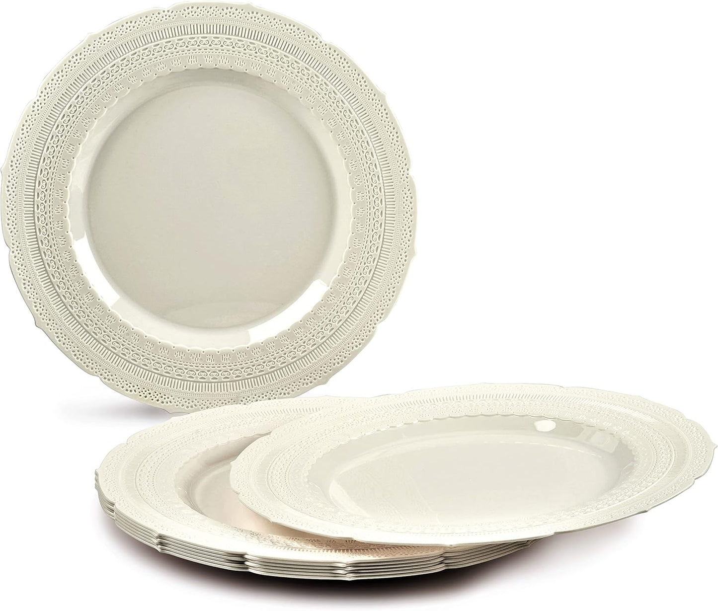 " OCCASIONS " 150pcs set (25 Guests)-Extra Heavyweight Vintage Wedding Disposable/Reusable Plastic Plates (25 x 11'' + 25 x 8.25'') + Silverware (Chateau Collection in Ivory)