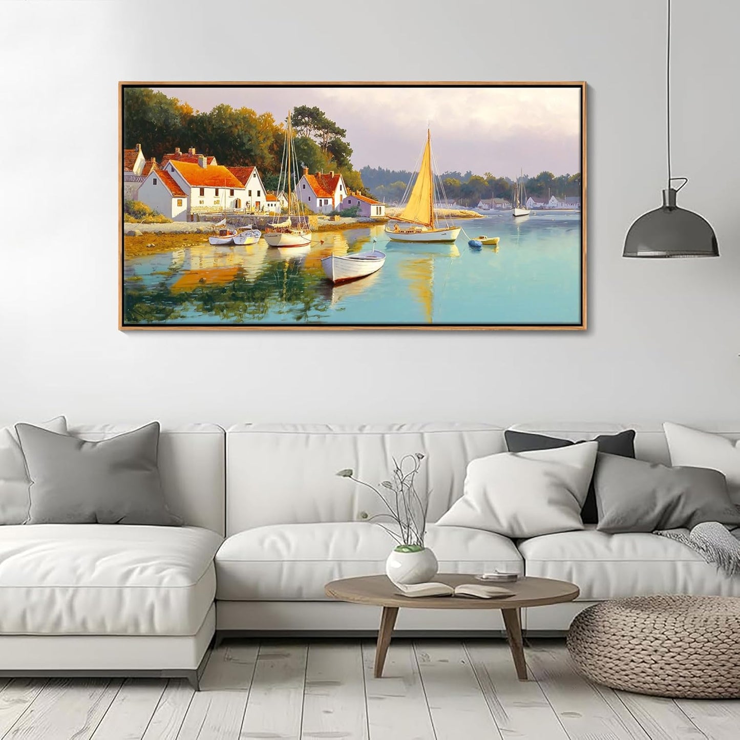 AJAZIKO Coastal Wall Art - Rustic Ocean & boat Canvas Art for Living Room & Bedroom Decor - Framed Landscape Artwork for Walls - Italian Farmhouse & Country Wall Decor Print Pictures20x40IN