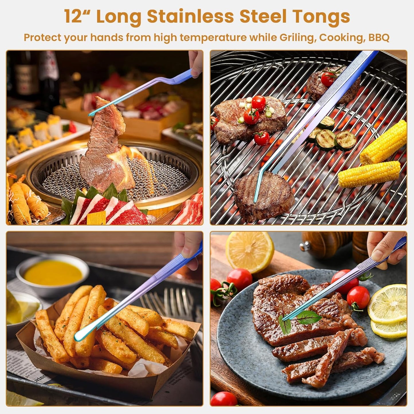 GEEKHOM Tweezer Tongs for Cooking, [4 Pack]12-inch Fine Long Food Tongs, Stainless Steel Kitchen Tweezers, Professional Chef Tongs for BBQ, Baking, Roasting, Dessert Decoration, Steak, Salad, Colorful