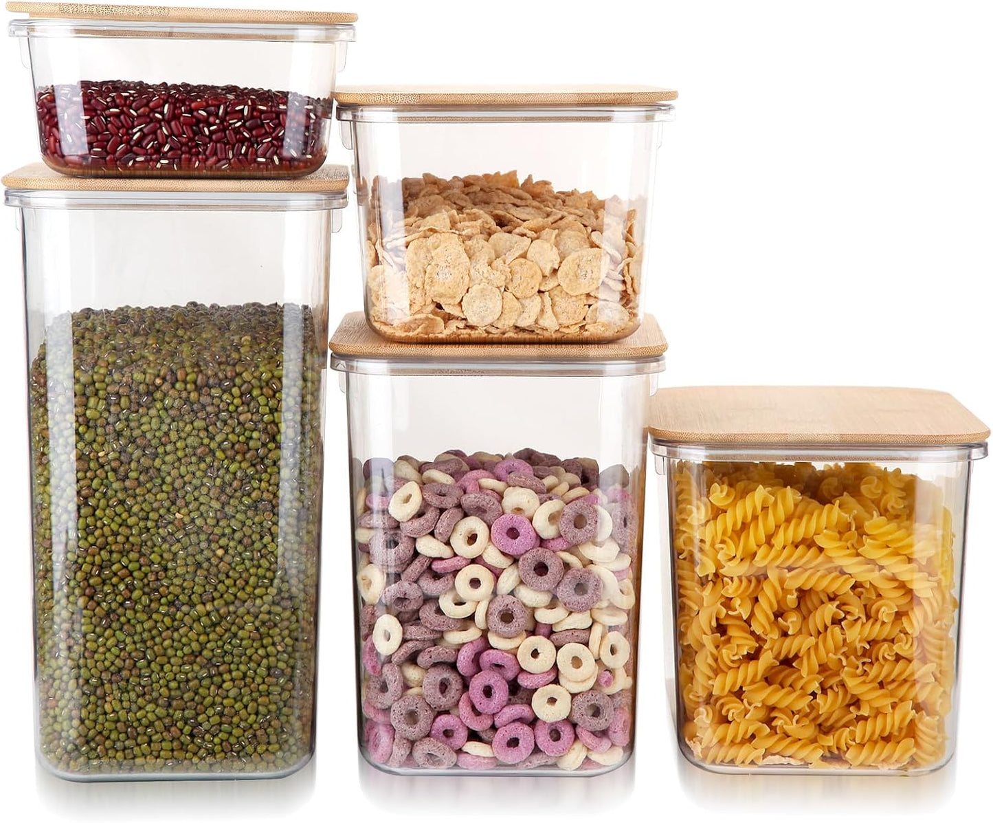 Large Capacity Plastic Food Storage Containers with Bamboo Lid - Moisture-proof Sealing Box Jars with Wooden Lids for Kitchen Storage (40 OZ+60 OZ+108 OZ- XS+S+M)