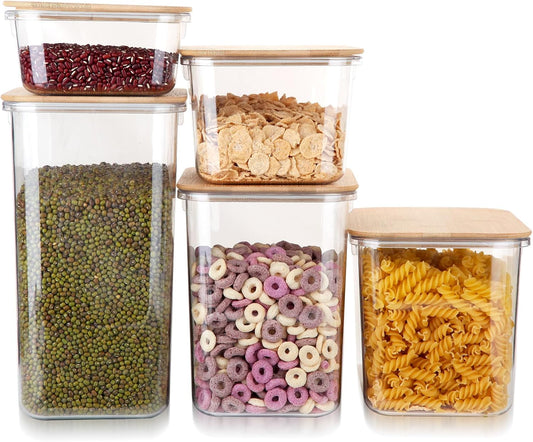 Large Capacity Plastic Food Storage Containers with Bamboo Lid - Moisture-proof Sealing Box Jars with Wooden Lids for Kitchen Storage (40 OZ+60 OZ+108 OZ- XS+S+M)