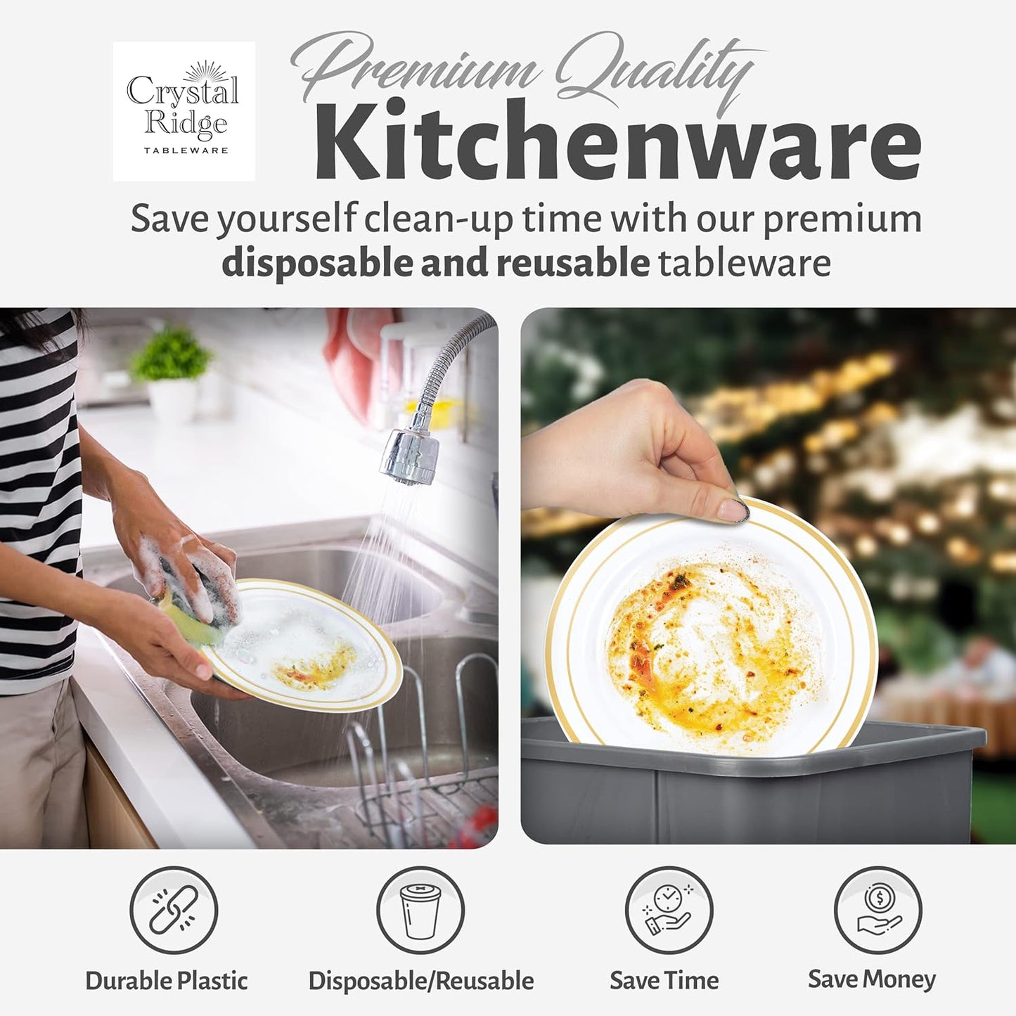 60 Pieces White Plastic Disposable Plates - Premium Heavy-Duty 30 Dinner Plates & 30 Salad Plates with Gold Rim Ideal for Party, Birthday and Special Events