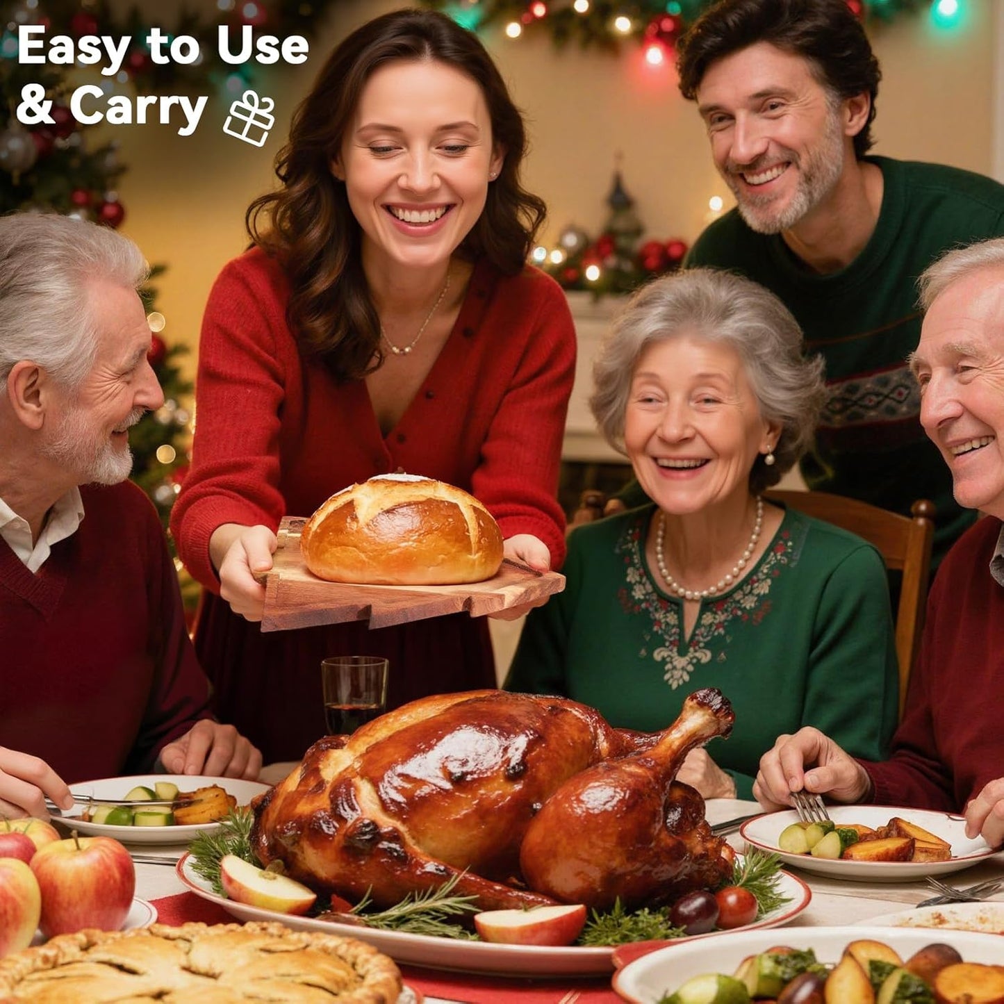 2 Pcs Christmas Charcuterie Boards, Antler & Christmas Tree Wooden Cutting Board with Handle, Acacia Wood Serving Tray for Cheese Fruit Bread Salad Vegetables Snack Dessert