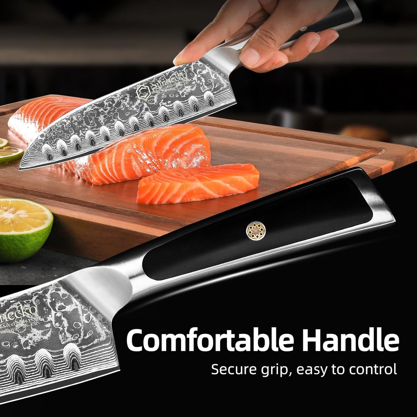 Sunnecko Santoku Knife 7 inch, Damascus Chef Knife VG-10 Steel Blade Japanese Knife, Sharp Kitchen Knife with Solid Handle Chopping Knife Perfect for Professional Home Use Cutting Knife