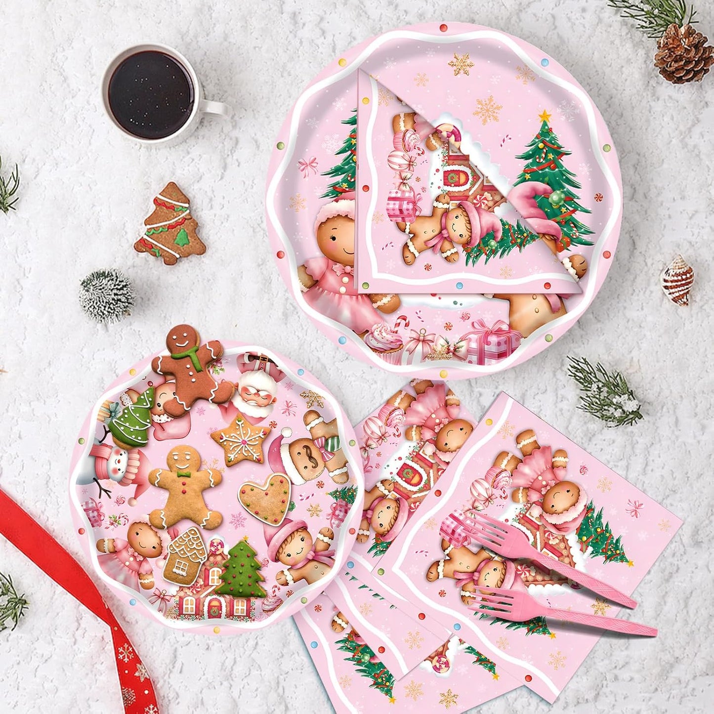 100 Pcs Pink Gingerbread Christmas Tableware Party Supplies – Disposable Holiday Dinnerware Set with Paper Plates, Napkins, and Pink Forks for Christmas Party, Winter Celebration – Serves 25 Guests