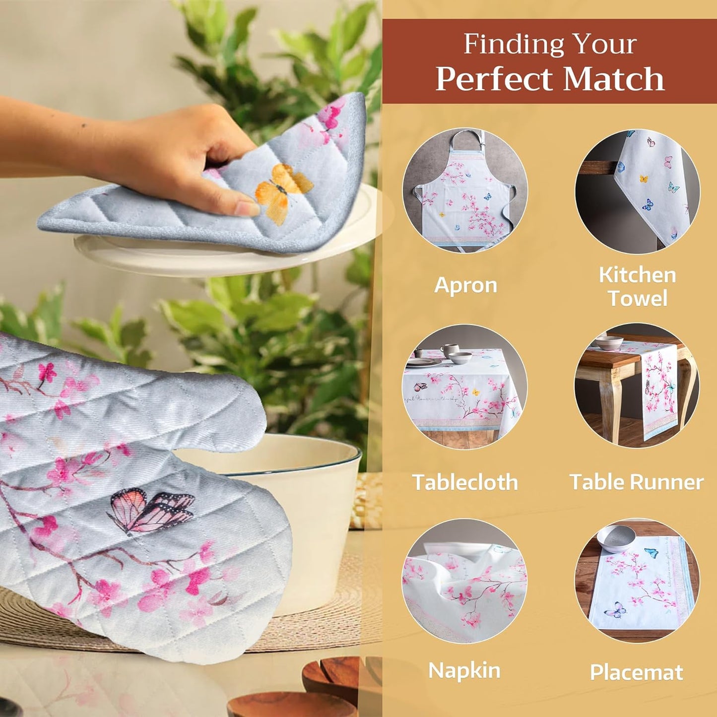 Maison d' Hermine 100% Cotton Oven Mitt & Pot Holder Set (7.5"x13" & 8"x8") Heat Resistant BBQ Cooking Gloves with Loop, Baking, Grilling, Kitchen, Handling Hot Pans Spring/Summer (Blossoms In Spring)