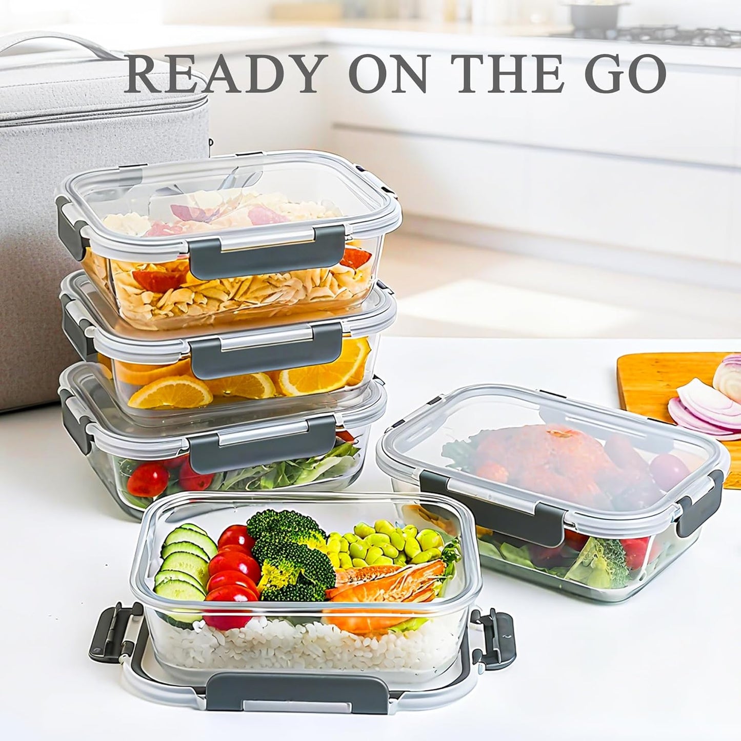 GEHE 5 Pack 36 Oz Glass Food Storage Containers with Lids, Glass Meal Prep Containers, Kitchen Airtight Lunch Storage Containers with Lids, Safe for Freezer, Oven, Dishwasher, BPA Free