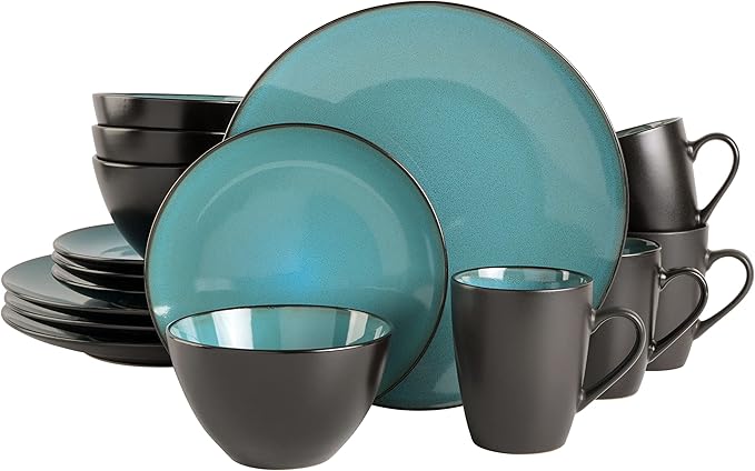 Gibson Elite Soho Lounge 16-Piece Round Reactive Glaze Stoneware Dinnerware Set, Service for 4 – Teal Plates and Bowls