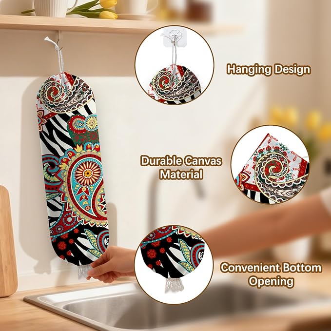 Plastic Bag Holder Bohemian Bag Holder Dispenser, Plastic Grocery Organizer & Wall Mount Paper Trash Bags Saver Storage for Kitchen Home Pantry Decor, Shopping Bags Storage Dispenser