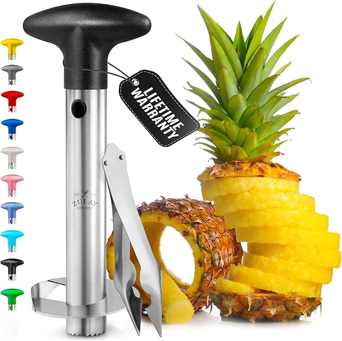 Zulay Kitchen Stainless Steel Pineapple Corer & Slicer – Heavy-Duty Pineapple Cutter with Reinforced Blade & Eye Removal Tool – Effortless Pineapple Core Remover & Slicer - Black