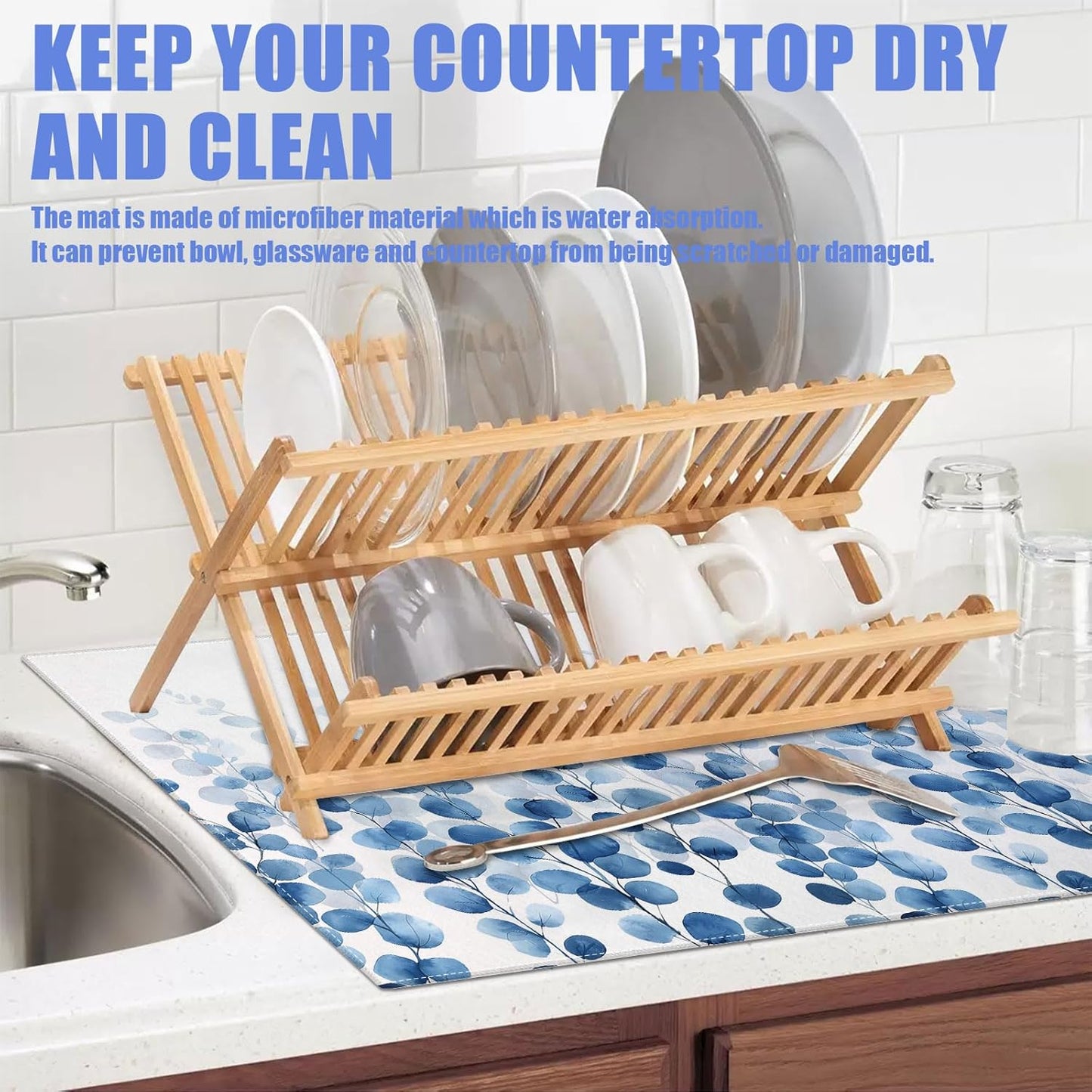 Blue Eucalyptus Leaves Dish Drying Mat for Kitchen Counter Drying Pad Absorbent Reversible Dish Drainer Rack Mats Draining Pad 18"x24"Inch