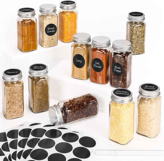 12Pcs Spice Jars with Label, 4oz Empty Square Seasoning Containers, Spice Jars with Shaker Lids, Small Spice Bottles for Salt, Herbs, Sugar, Pepper, Seasoning Jars for Spice Rack, Cabinet, or Drawer