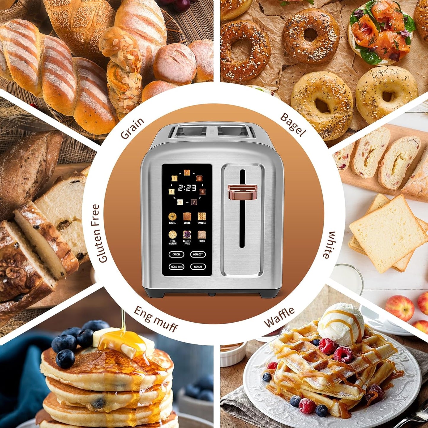 SEEDEEM Toaster 2 Slice, Touch Control Stainless Toaster LCD Display, 50% Faster Heating Speed, 1.4'' Wide Slots, More Timer Functions, Removable Crumb Tray, 1350W, Silver Metallic