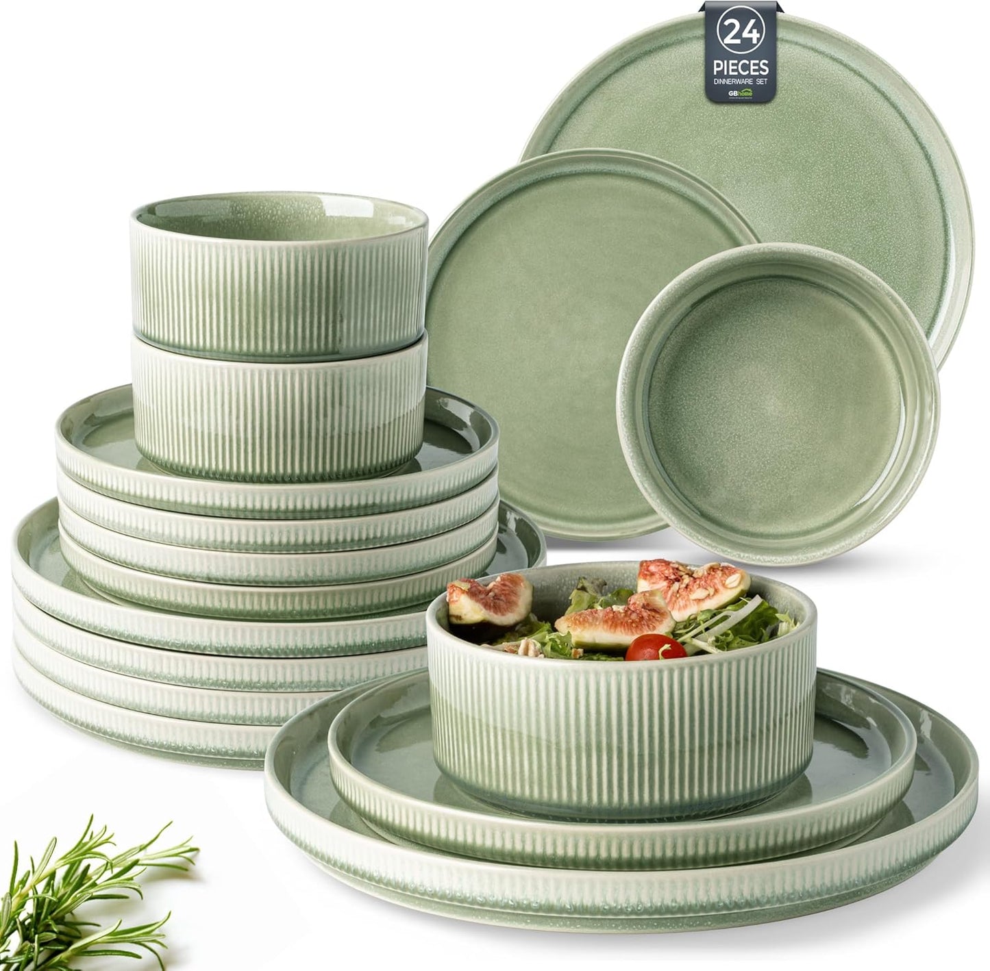 GBHOME Stoneware Dinnerware Sets for 8,Round Reactive Glaze Ceramic Plates and Bowls Set,Highly Scratch Resistant | Dishwasher & Microwave Safe Dishes Set,Service for 8(24pcs)