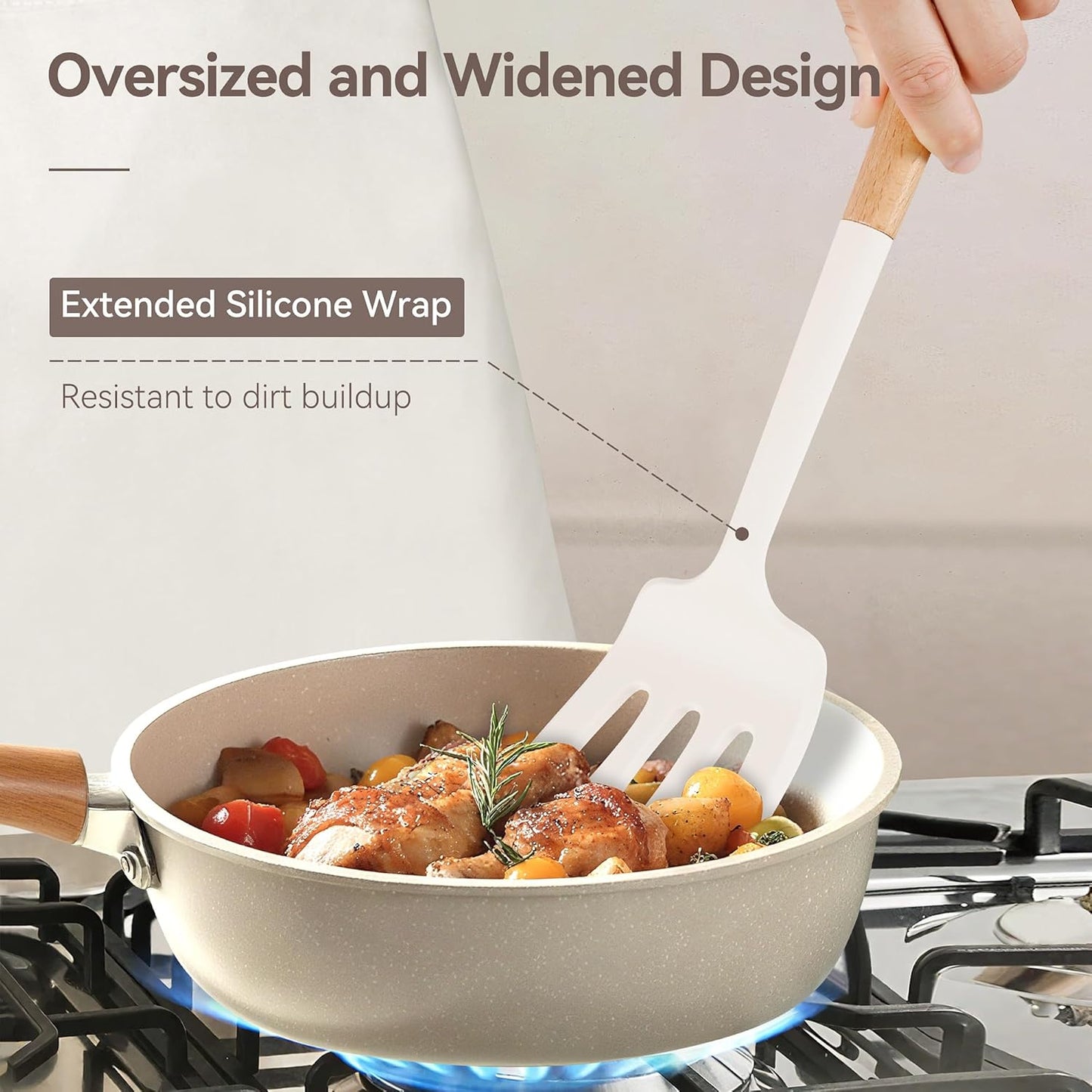 Kitchen Utensils Set, Large Non-stick Silicone cooking utensils set 6 Pcs, Wooden Handle Heat Resistance Silicone Spatula Soup Ladle Pasta Server Kitchen Gadgets Utensils Set BPA Free (White)