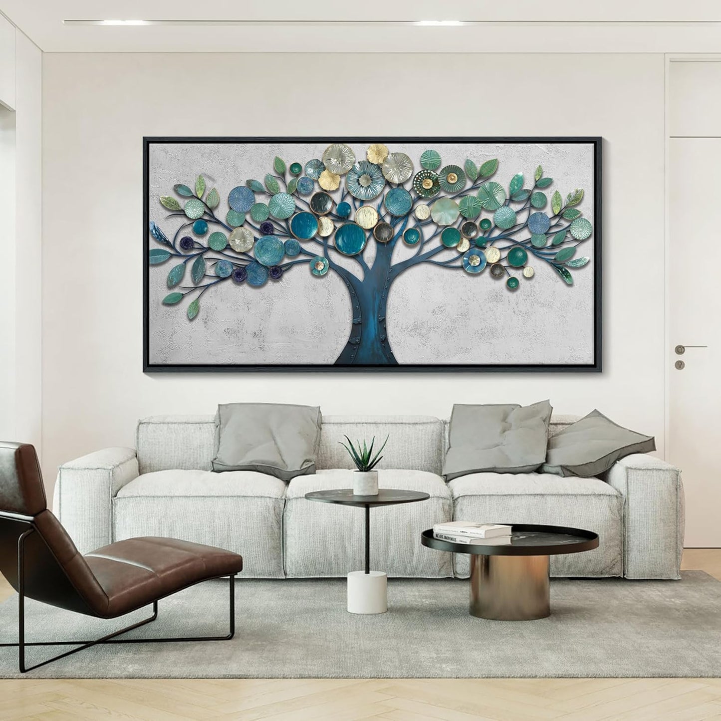 CHATYOUNG Wall Art Living Room - Framed Teal Blue Tree of Life Abstract Landscape Painting Modern Leaf Theme Print Artwork for Dining Room Bedroom Bathroom Office Home Decor 48"x24"