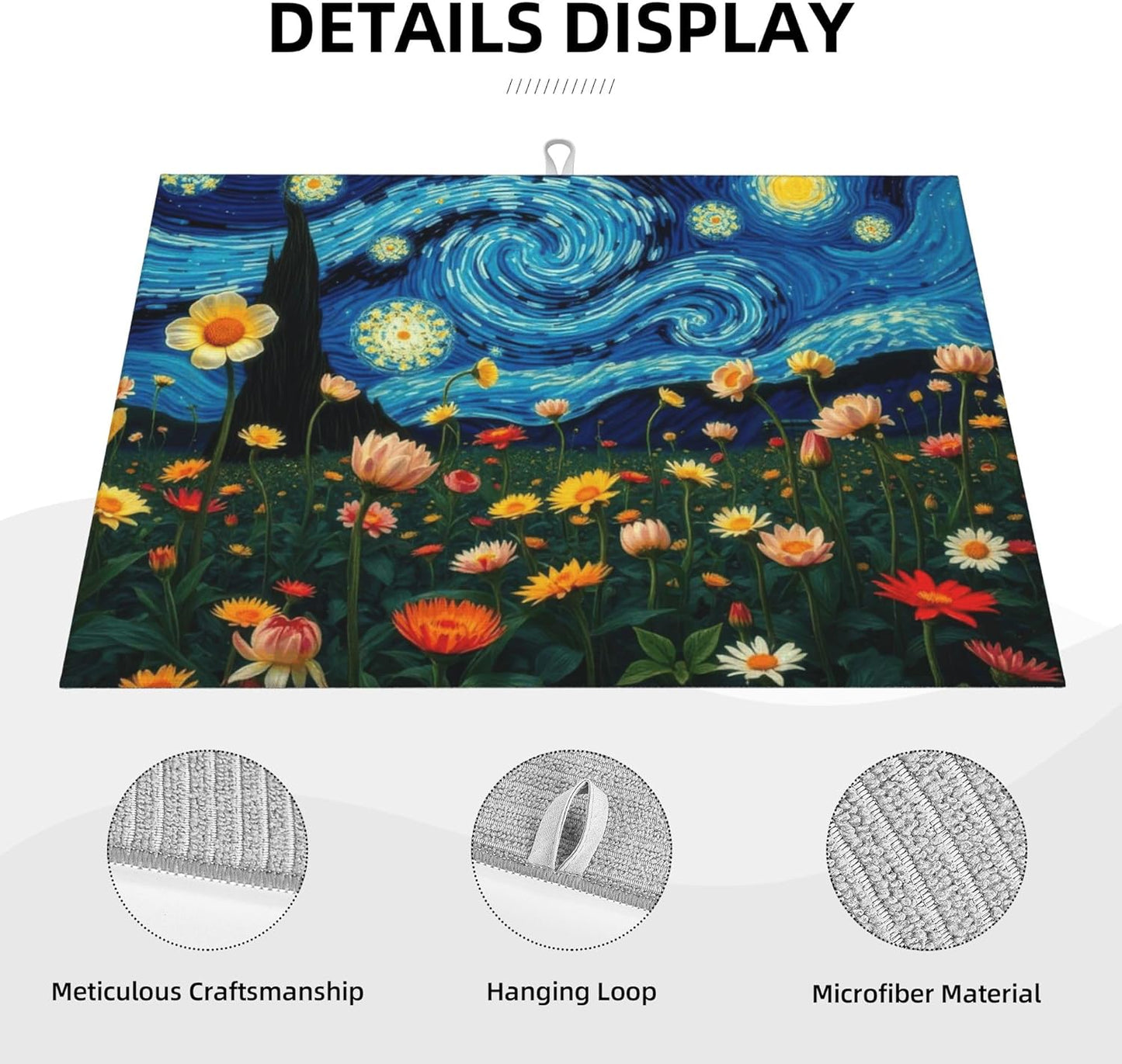 Starry Night Flowers Dish Drying Mat for Kitchen Counter, 18"x24" Microfiber Absorbent Fast Dry Mat, 2Pcs Dish Mat Faucet Mats Sets, Large Drying Kitchen Mat Kitchen Drying Pad