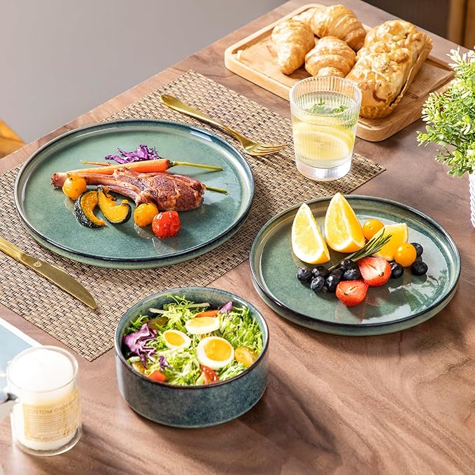 vancasso Starry Plates and Bowls Sets,12 Pieces Green Dinnerware Sets for Kitchen,Modern Stoneware Dishes Set for 4,Dishwasher and Microwave Safe