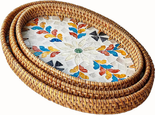i-lan 3-Pack Oval Rattan Serving Trays with Mother of Pearl Inlay, 13/12/11 Inch Woven Platters for Home Decor, Coffee Table, Display, and Entertaining