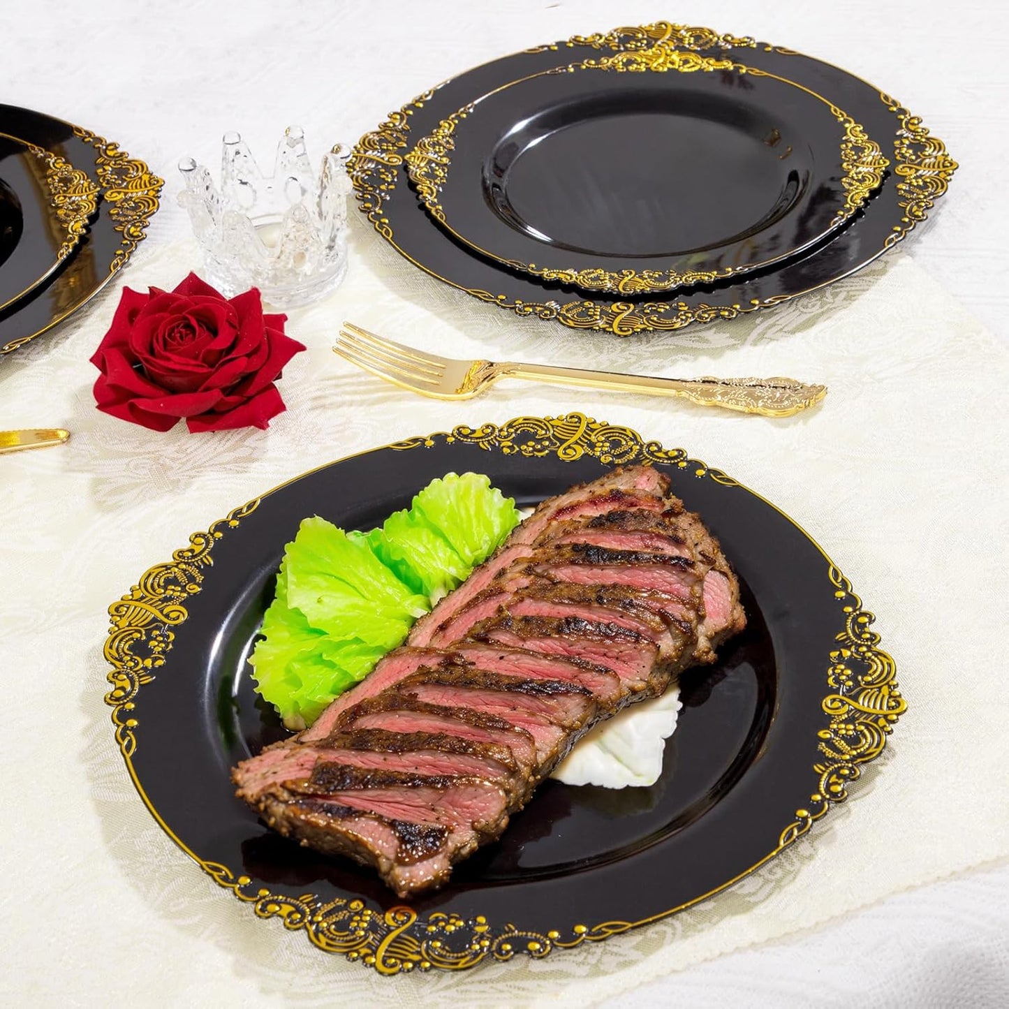 125PCS Black and Gold Plastic Plates - Black Disposable Dinnerware Set - Vintage Plastic Plates with Gold Silverware for 25 Guests for Wedding Party Halloween