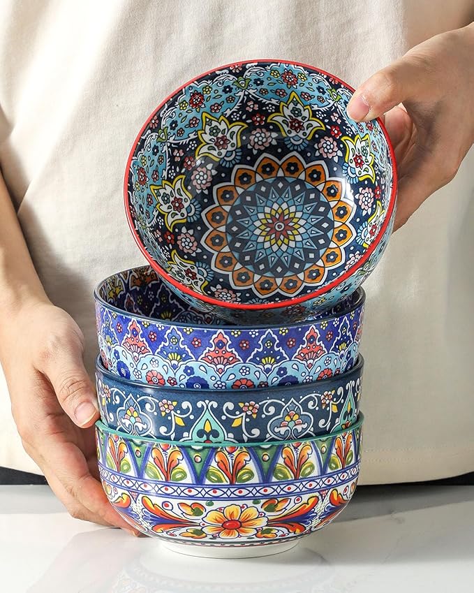 glowworm Bohemian Dinnerware Sets, Ceramic Dishes Set for 4, 12 Pieces Plates and Bowls Set, Oven, Microwave & Dishwasher Safe, Scratch Resistant