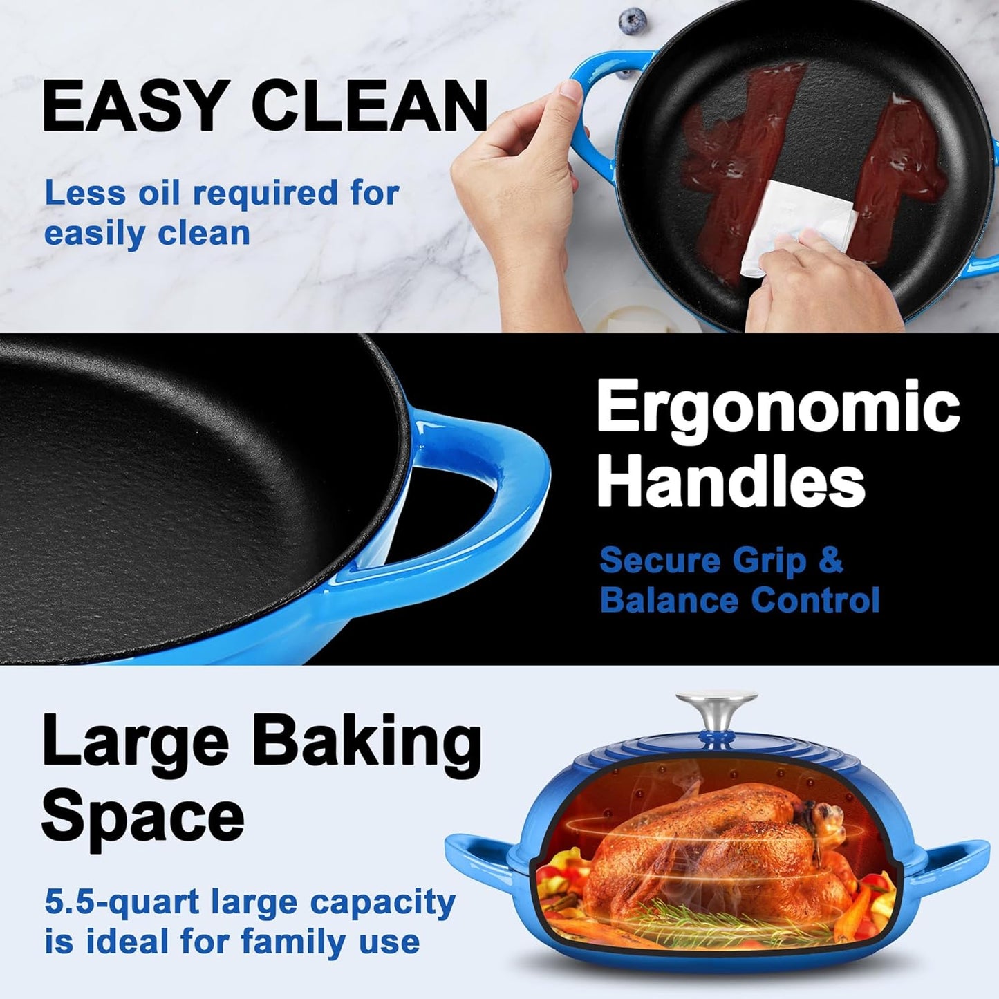 P&P CHEF Bread Dutch Oven for Sourdough, 5.5 Quart Enameled Cast Iron Dutch Oven Pot with Lid for Homemade Bread Baking, Easy to Clean & Even Heat, Blue