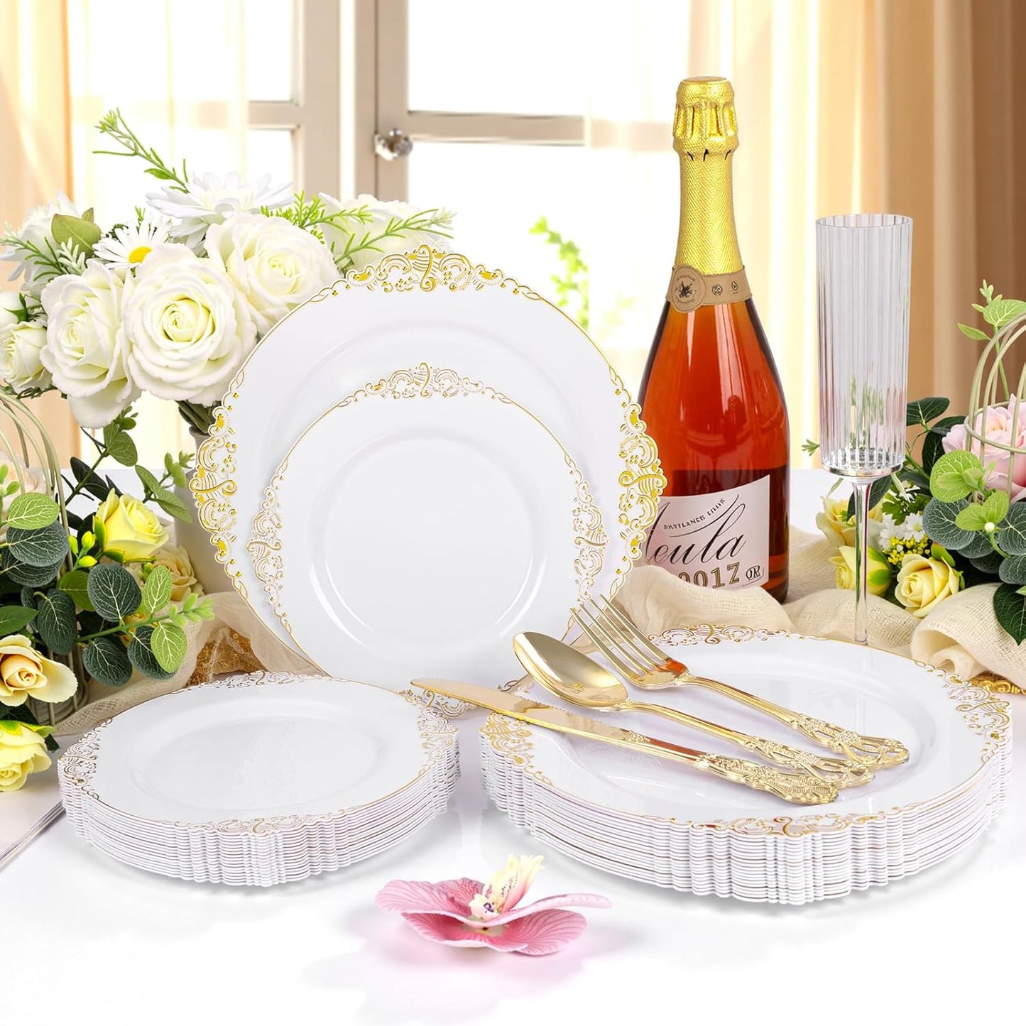 200PCS White and Gold Plates - Gold Plastic Plates - Fancy Disposable Plate - Gorgeous Christmas Dinner & Dessert Plate for 100 Guests for Wedding & Thanksgiving Party