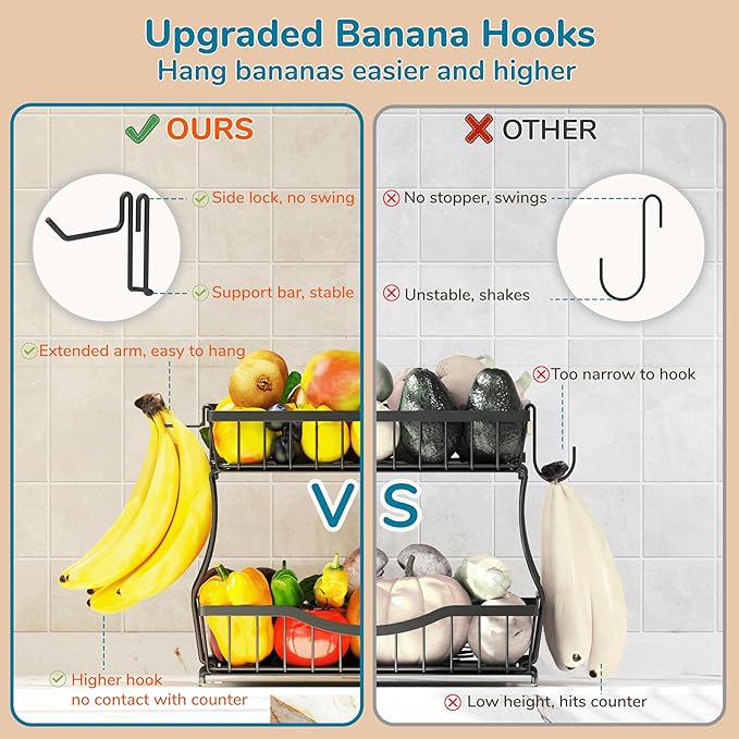 2 Tier Fruit Basket for Kitchen Counter with 2 Banana Hangers, Large Metal Fruit Bowl for Onion Vegetable Bread Snack, Countertop Organizer – Black, 14.5" W x 9.5" D