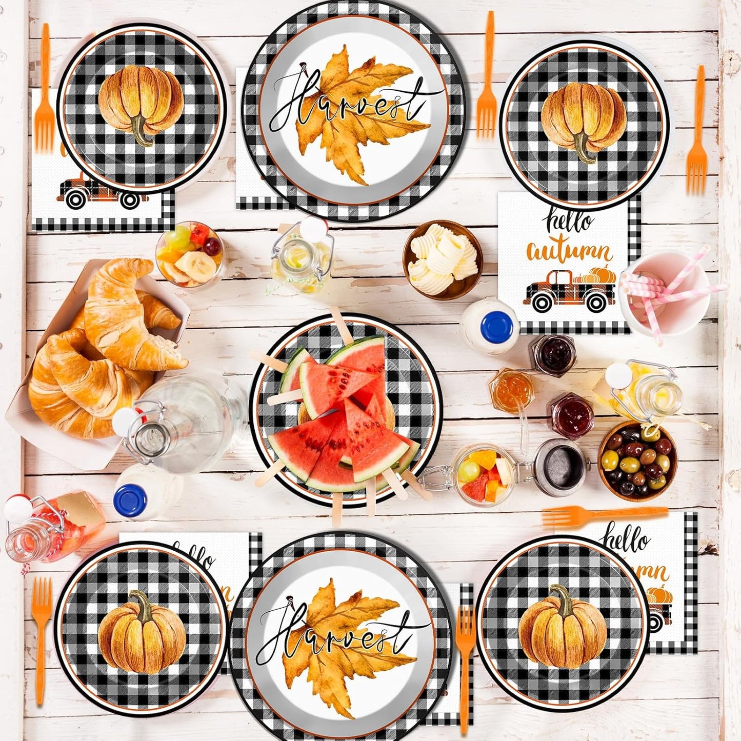 200 PCS Thanksgiving Tableware Disposable Fall Autumn Party Supplies Dinnerware Set Happy Harvest Plate, Hello Autumn Napkin,Fork Thanksgiving Fall Theme Party Decoration Serve 50 guest